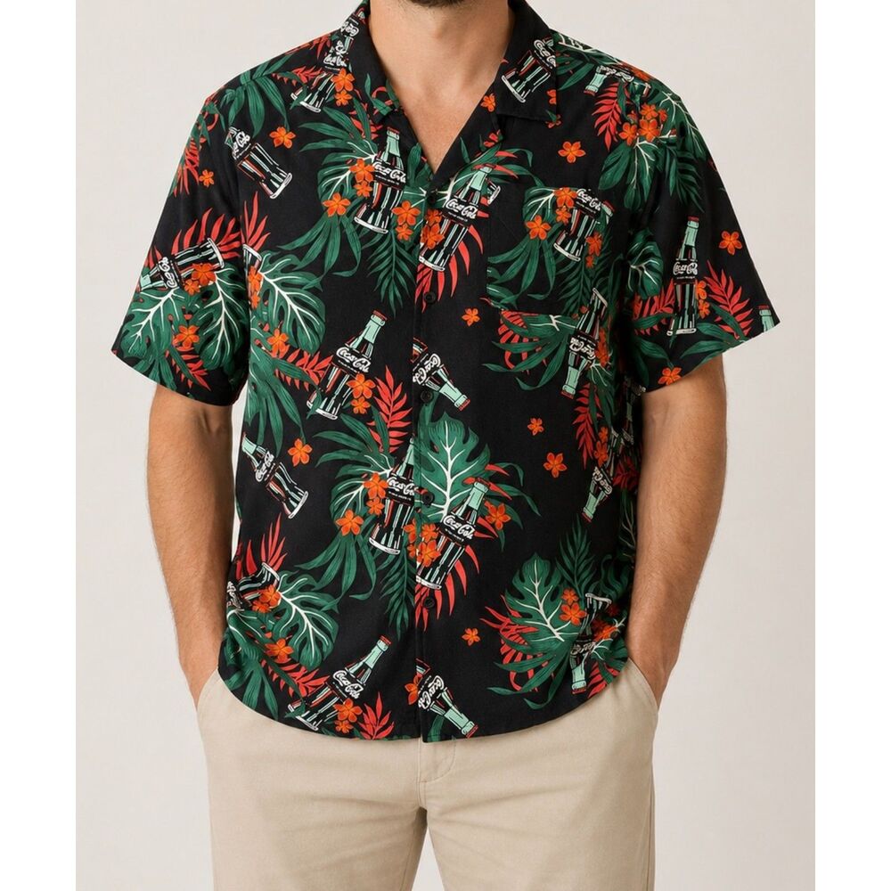 Coca Cola Hawaiian Shirt Mens XL Black Tropical Bottle Floral Rayon Button Up